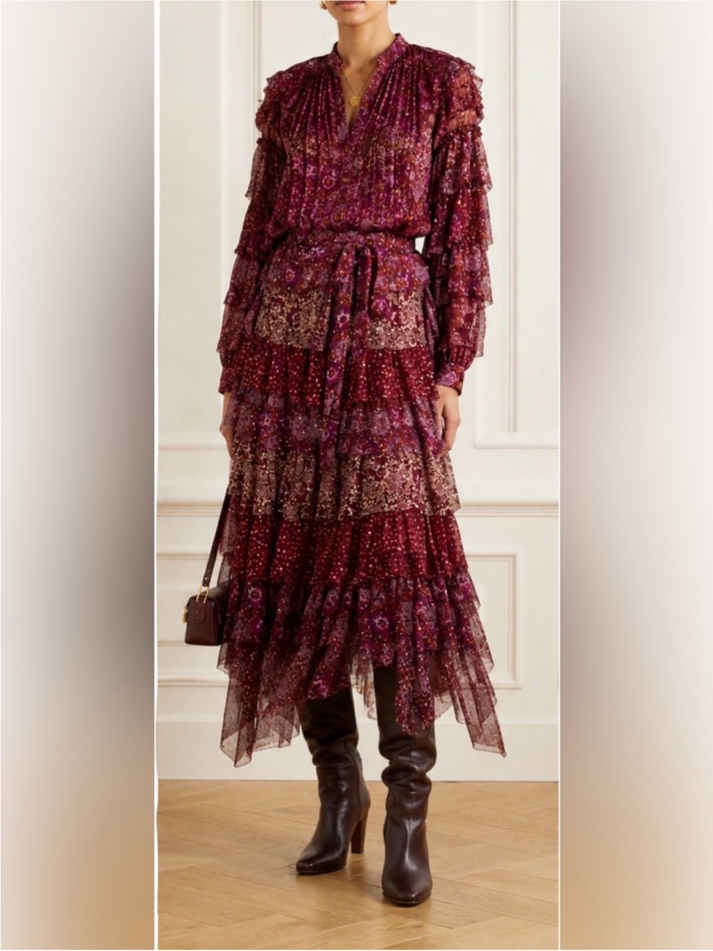 Ulla Johnson Silk Floral Tiered Ruffle Midi Skirt Burgundy
Purple